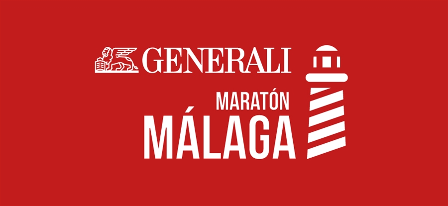 Cartel rojo con el texto blanco Generali Maratón Málaga y el dibujo de un faro a rayas.