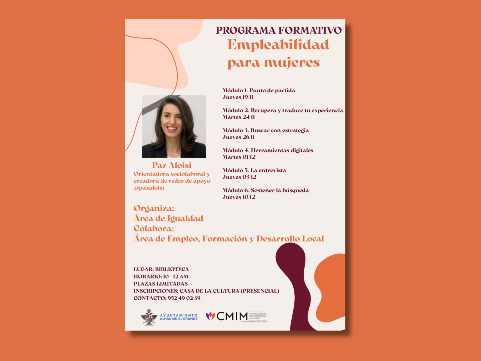 Cartel formativo sobre empleabilidad para mujeres, con foto de una orientadora, seis módulos con fechas y datos de lugar y contacto.