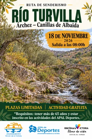 Cartel de una ruta de senderismo por el río Turvilla con un puente de piedra sobre el cauce y datos de fecha y salida.